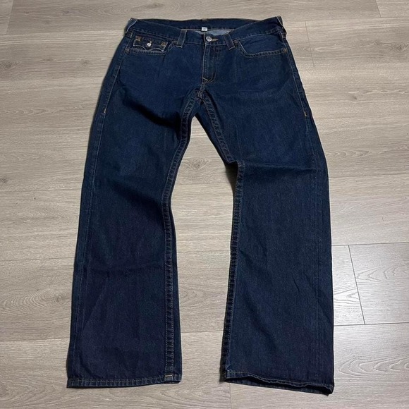 Y2K True Religion Straight Embroidered Flap Pocket Dark Wash Baggy Denim Jeans - Picture 2 of 8